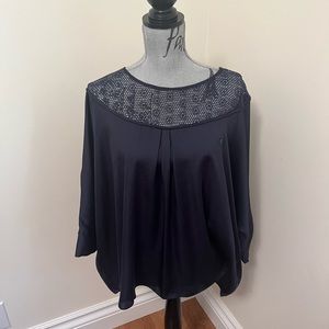 Armani Jeans Navy Boatneck Blouse with Crochet Neckline, Size 12